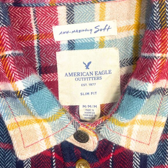 AEO | Flannel Shirt Red Plaid Multi-Color Soft Cotton Long Sleeve Medium - Picture 8 of 13